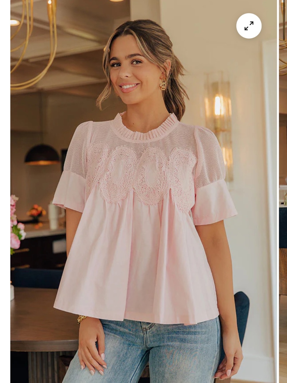 Women’s Pink Lace Yoke Short Sleeve Top
